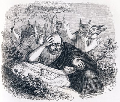 Democritus (460-370 v.Chr.) en de Abderitans. (Brief van Hippocrates) - Fabels van La Fontaine door Grandville