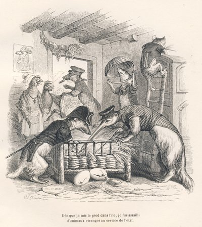 Zodra ik voet op het eiland zette, werd ik aangevallen door vreemde dieren in dienst van de staat. Vignetten geïllustreerd door JJ Granville. Gravure gesigneerd Porret in het deel 