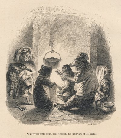 Twee bezoekers komen de berenfamilie lastigvallen die voor de open haard zit waarin een ketel aan een haak hangt. Vignetten geïllustreerd door JJ Granville. Gravure gesigneerd Breviere in het deel "De beer of Brief door Grandville