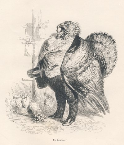 Kalkoen als bankier. Geïllustreerde vignetten door JJ Granville. Gravure gesigneerd Tamisier in het deel "Herinneringen van een oude kraai" geschreven door PJ Stahl in "Scènes uit het privé- en openbare leven van dieren". Parijs, J. Hetzel en Paulin door Grandville