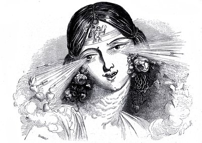 Gezicht van een vrouw met doordringende ogen door Grandville (1803 47)