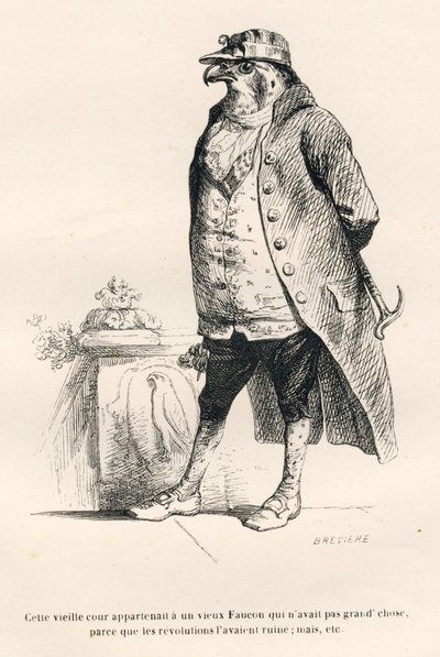 Valk geruïneerd door de revoluties. Geïllustreerde vignetten door JJ Granville. Gravure gesigneerd door Breviere in het deel getiteld "Herinneringen van een oude kraai" geschreven door PJ Stahl in "Scènes uit het privé- en openbare leven van dieren". Parij door Grandville