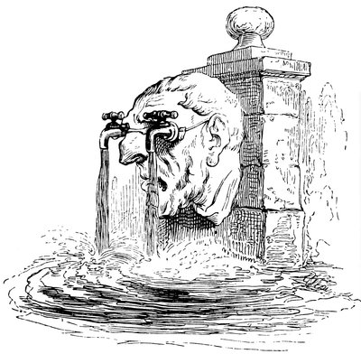 Fontein met het fronton van een menselijk hoofd: de bril van de man zijn kranen waaruit water stroomt. Detail van een gravure door Grandville (Jean Ignace Isidore Gerard) door Grandville (1803 47)