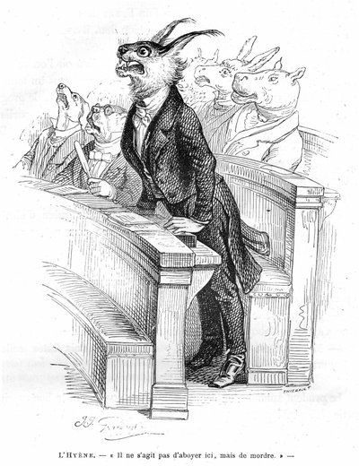 Grandville gravure, uit het boek Privé en Openbaar Leven van Dieren (Les animaux ints par them memes), editie Hetzel 1867 - Karikatuur van een menselijke politieke vergadering - In de gangen bezet door verschillende dieren (honden, ezel, nijlpaard...), een door Grandville (1803 47)