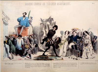 Grote race naar de academische klokkentoren. De schrijvers Alfred de Vigny, Eugene Sue, Alexandre Dumas en Honore de Balzac zijn herkenbaar. Gravure door Gerard Grandville door Grandville