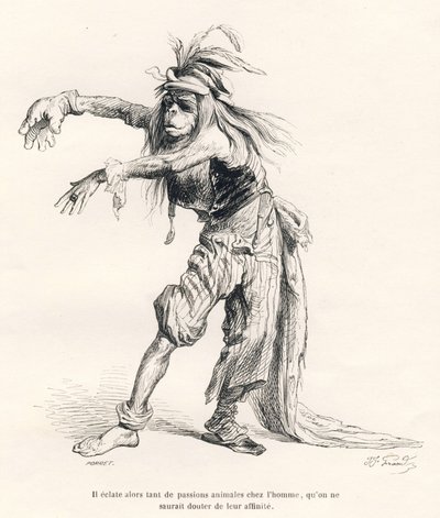 Er barsten dan zoveel dierlijke passies los bij de mens, dat men niet zou twijfelen aan hun affiniteit. Geïllustreerde vignetten door JJ Granville. Gravure gesigneerd Porret in het deel "Reis van een leeuw uit Afrika naar Parijs" geschreven door Honore de  door Grandville