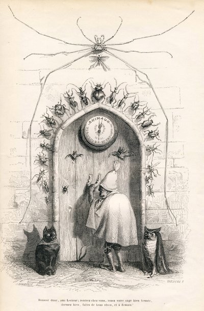 Afscheid van de lezer aan het einde van het werk. Vignetten geïllustreerd door JJ Granville. Gravure gesigneerd Breviere "Aan de lezer" geschreven door PJ Stahl in "Scènes uit het privé- en openbare leven van dieren". Parijs, J. Hetzel en Paulin door Grandville