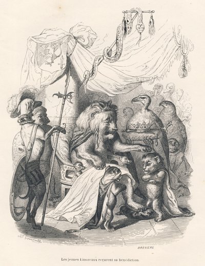 De jonge leeuwen ontvangen de zegen van de leeuwenkoning. Geïllustreerde vignetten door JJ Granville. Gravure gesigneerd door Breviere in het deel getiteld "Reis van een leeuw uit Afrika naar Parijs" geschreven door Honoré de Balzac in "Scènes uit het priv door Grandville