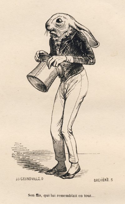 Bange haas in dandy kostuum. Geïllustreerde vignetten door JJ Granville. Gravure gesigneerd Breviere in het deel "Verhaal van een haas" geschreven door PJ Stahl in "Scènes uit het privé- en openbare leven van dieren". Parijs, J. Hetzel en Paulin door Grandville