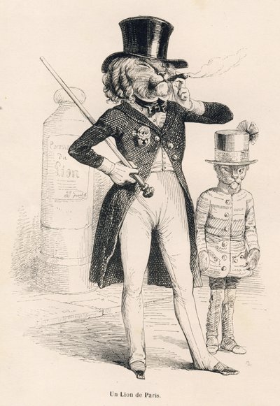 Leeuw van Parijs. Geïllustreerde vignetten door JJ Granville. Gravure gesigneerd Andrew, Best en Leloir in het deel "Reis van een leeuw uit Afrika naar Parijs" geschreven door Honore de Balzac in "Scènes uit het privé- en openbare leven van dieren". Parijs door Grandville