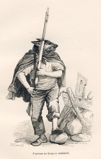 Wolf op wacht. Vignetten geïllustreerd door JJ Granville. Gravure gesigneerd Andrew, Best en Leloir in het deel 