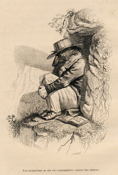 Wolf teruggetrokken in zijn contemplatieve eenzaamheid door Grandville