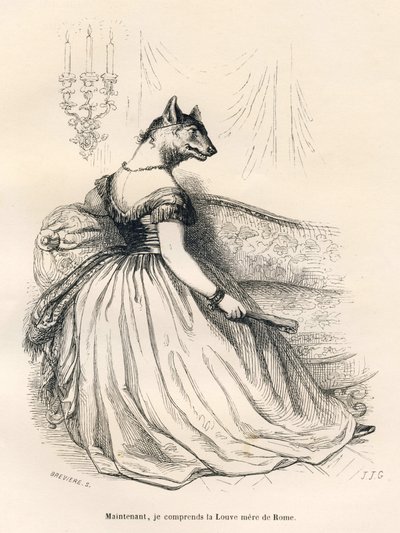 Wolvin, zittend in een fauteuil. Vignetten geïllustreerd door JJ Granville. Gravure gesigneerd Breviere in het deel getiteld "Reis van een mus uit Parijs" geschreven door George Sand in "Scènes uit het privé- en openbare leven van dieren". Parijs, J. Hetze door Grandville