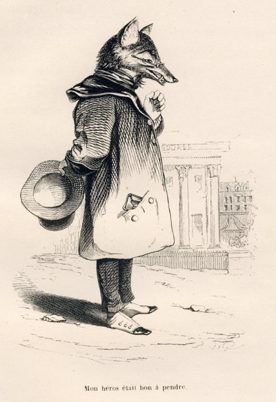 Mijn held was goed te vangen. Vignetten geïllustreerd door JJ Granville. Gravure gesigneerd Godard in het deel "Een vos gevangen in de val" geschreven door Charles Nodier in "Scènes uit het privé- en openbare leven van dieren". Parijs, J. Hetzel en Paulin door Grandville