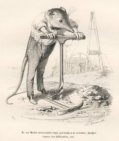 Muis die de grond doorboort. Vignetten geïllustreerd door JJ Granville. Gravure gesigneerd Breviere in het deel 