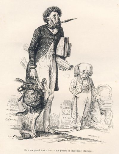 Men heeft groot ongelijk gehad om onze dichters de klassieke muilkorf af te nemen. Geïllustreerde vignetten door JJ Granville. Gravure gesigneerd Breviere in het deel "De eerste feuilleton van Pistolet" geschreven door Jules Janin in "Scènes uit het privé- door Grandville