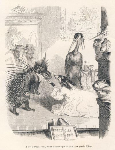 Opera met op het podium een stekelvarken, een hond en een reiger. Geïllustreerde vignetten door JJ Granville. Gravure gesigneerd Godard in het deel "De eerste feuilleton van Pistolet" geschreven door Jules Janin in "Scènes uit het privé- en openbare leven  door Grandville
