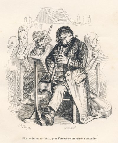 Orkest met een hond die fluit speelt met kuikens die uit het muziekinstrument komen. Geïllustreerde vignetten door JJ Granville. Gravure gesigneerd door Caque in het deel getiteld "De eerste feuilleton van Pistolet" geschreven door Jules Janin in "Scènes u door Grandville