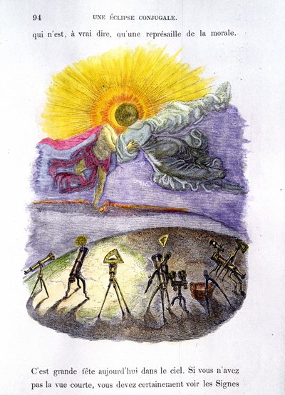 Geperfectioneerde astronomische instrumenten observeren een zonsverduistering (maan en zon kussen) - in "Andere Wereld" door Grandville door Grandville