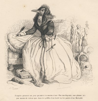 Ekster schrijft met een veer en houdt een sigaret in de andere hand. Vignetten geïllustreerd door JJ Granville. Gravure gesigneerd door Andrew, Best en Leloir in het deel 