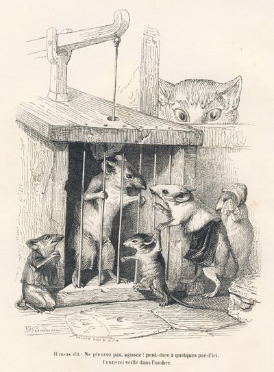 Val: Kat die muizen bespiedt die komen huilen om degene die gevangen is genomen. Vignetten geïllustreerd door JJ Granville. Gravure gesigneerd Andrew, Best en Leloir in het deel "De filosoof rat" geschreven door Edouard Lemoine in "Scènes uit het privé- en door Grandville