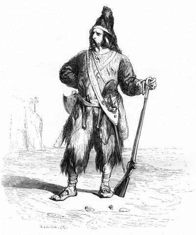 Portret van Robinson Crusoe op zijn verlaten eiland met zijn geweer en zijn bijpassende wapens aan de riem - Grandville illustratie van Daniel Defoe