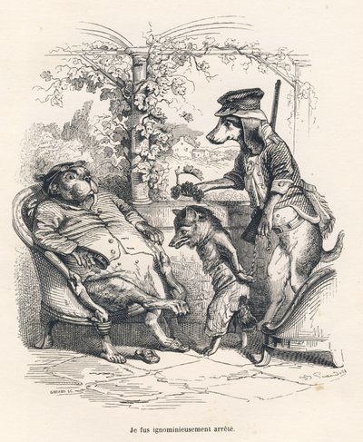 Vos gearresteerd door een hond. Geïllustreerde vignetten door JJ Granville. Gravure gesigneerd door Godard in het deel getiteld "Een vos gevangen in de val" geschreven door Charles Nodier in "Scènes uit het privé- en openbare leven van dieren". Parijs, J.  door Grandville