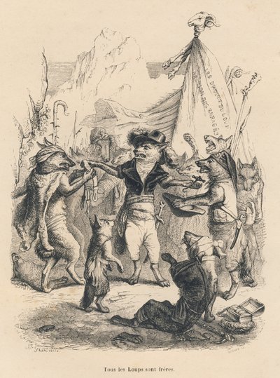 Revolutie van de wolven en vrijheid en recht van de wolf. Vignetten geïllustreerd door JJ Granville. Gravure gesigneerd Godard in het deel 