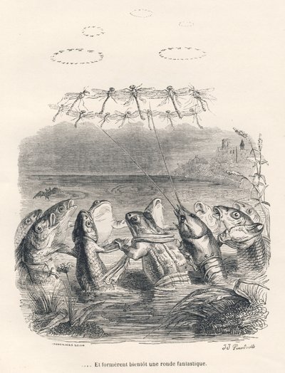 Ronde van waterdieren en libellen. Vignetten geïllustreerd door JJ Granville. Gravure gesigneerd Andrew, Best en Leloir in het deel getiteld "Herinneringen van een oude kraai" geschreven door PJ Stahl in "Scènes uit het privé- en openbare leven van dieren" door Grandville