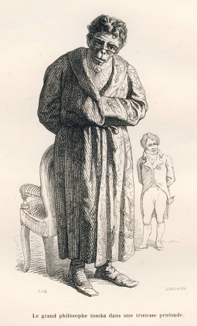 Filosoferende aap. Vignetten geïllustreerd door JJ Granville. Gravure gesigneerd Breviere in het deel getiteld "Gids-ezel voor dieren die eer willen bereiken" geschreven door Honoré De Balzac in "Scènes uit het privé- en openbare leven van dieren" door Grandville