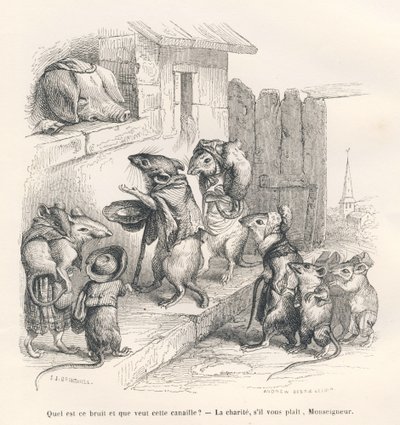 Muis die aalmoezen geeft aan een varken door Grandville