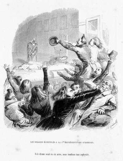 De Romeinen hebben de eerste voorstelling van Hernani door Victor Hugo (1830). Cartoon in 