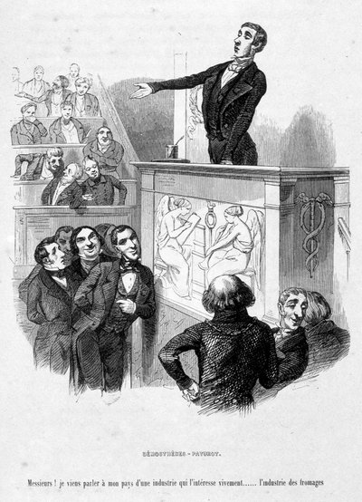 Het personage van Jérôme Paturot ziet zichzelf als Demosthenes, een Atheense spreker en politicus wiens toespraken tot de top van de Griekse welsprekendheid behoren. Cartoon in 
