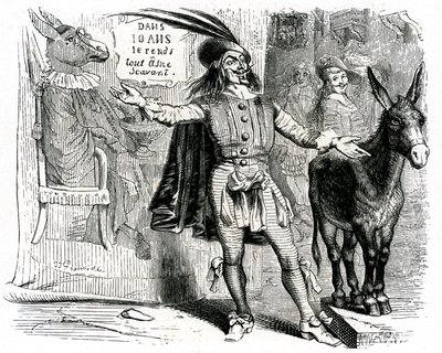 De charlatan: La Fontaine fabel geïllustreerd door Grandville. Editie Garnier 1860. Deze schipper maakt het moeilijk om elke ezel wetenschapper te maken. door Grandville (1803 47)
