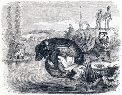 De hond die zijn prooi opgeeft voor de schaduw - Fabels van La Fontaine door Grandville