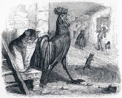 De haan, de kat en de muis (Le cochet, le chat et le souriceau) - Fabels van La Fontaine door Grandville