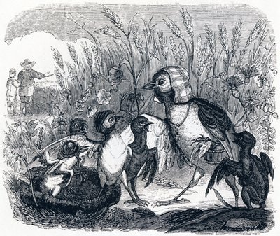 De leeuwerik en haar jongen, met de meester van een veld - Fabels van La Fontaine door Grandville