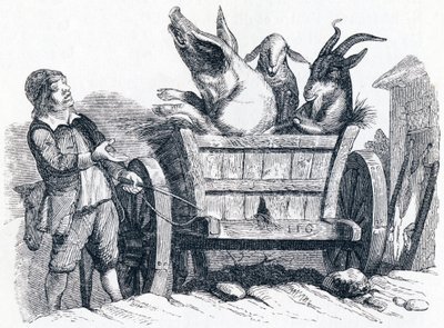 Het varken, de geit en het schaap (le cochon, la chèvre et le mouton) - Fabels van La Fontaine door Grandville