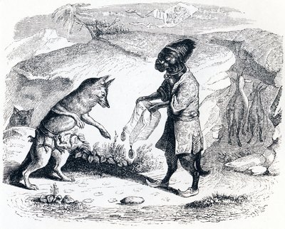 De zieke leeuw en de vos - Fabels van La Fontaine door Grandville