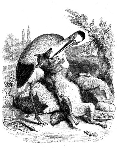 De wolf en de ooievaar: La Fontaine fabel geïllustreerd door Grandville. Editie Garnier 1860. De ooievaar wordt voorgesteld als een dokter (verkeerde beloningen voor zijn toewijding!) door Grandville (1803 47)