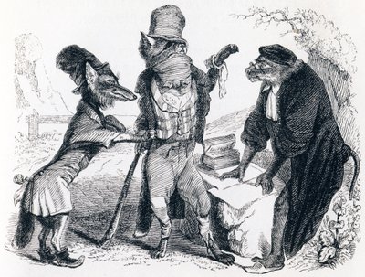 De wolf die tegen de vos pleit voor de aap - Fabels van La Fontaine door Grandville