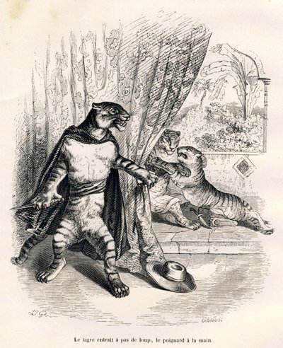 Tijger komt het toneel op met een dolk in de hand. Vignetten geïllustreerd door JJ Granville. Gravure gesigneerd Godard in het deel "De eerste feuilleton van Pistolet" geschreven door Jules Janin in "Scènes uit het privé- en openbare leven van dieren". Par door Grandville
