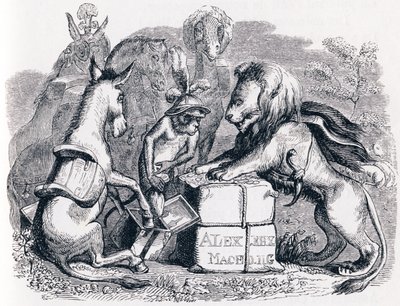 Tribuut gestuurd door de dieren aan Alexander (Tribut envoye par les animaux a Alexandre) - Fabels van La Fontaine door Grandville