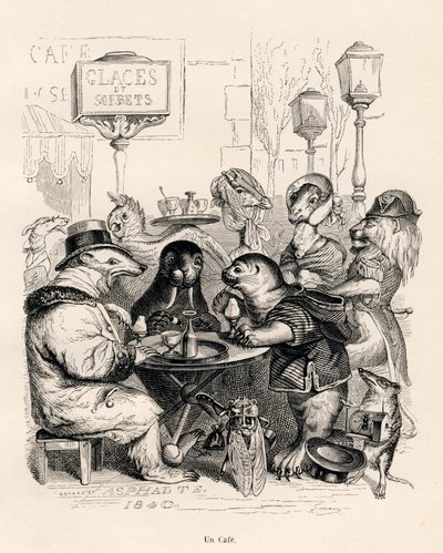 Een café bezocht door dieren van alle soorten. Vignetten geïllustreerd door JJ Granville. Gravure gesigneerd Godard in het deel 