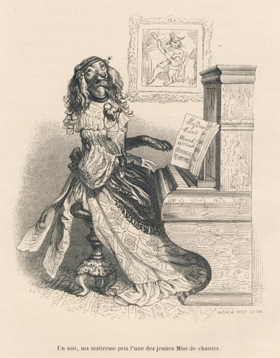 Een hond zingend aan de piano. Geïllustreerde vignetten door JJ Granville. Gravure gesigneerd Andrew, Best en Leloir in het deel "Hofzorgen van een Engelse kat" geschreven door Honore de Balzac in "Scènes uit het privé- en openbare leven van dieren". Parij door Grandville