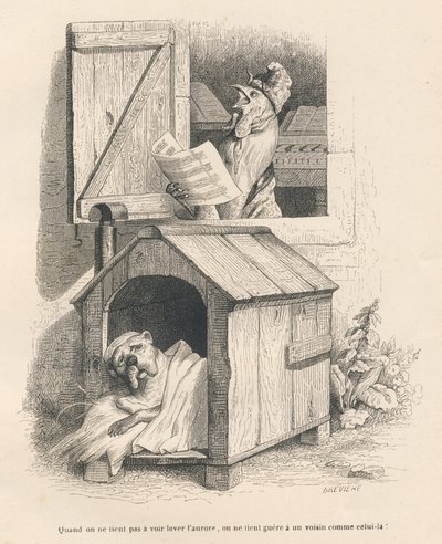 Een luie hond in zijn hok gewekt door een haan die bij dageraad kraait door Grandville
