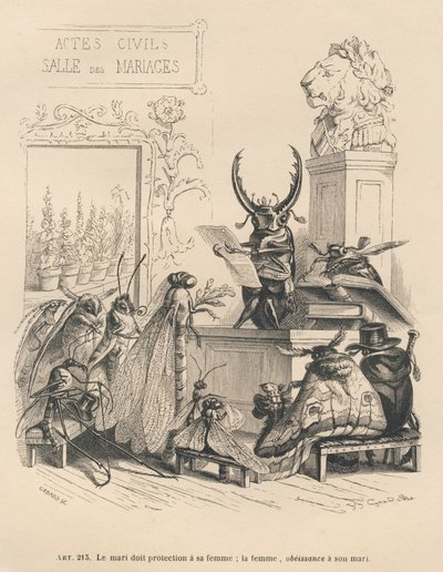 Huwelijksgeloften van insecten. Geïllustreerde vignetten door JJ Granville. Gravure gesigneerd door Godard in het deel getiteld "De avonturen van een vlinder" geschreven door PJ Stahl in "Scènes uit het privé- en openbare leven van dieren". Parijs, J. Hetz door Grandville