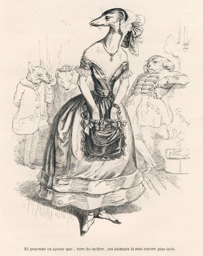... buiten het theater zijn deze dieren nog lelijker. Geïllustreerde vignetten door JJ Granville. Gravure gesigneerd Godard in het deel "De eerste feuilleton van Pistolet" geschreven door Jules Janin in "Scènes uit het privé- en openbare leven van dieren" door Grandville