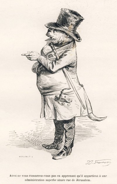 ... het behoort tot een prachtige administratie gelegen aan de rue de Jerusalem. Vignetten geïllustreerd door JJ Granville. Gravure gesigneerd Guilbaut in het deel getiteld "Reis van een leeuw uit Afrika naar Parijs" geschreven door Honoré de Balzac in "Sc door Grandville