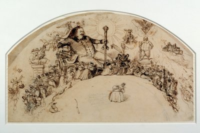 Honoré de Balzac (1799-1850) tussen personages uit zijn romans, ontwerp voor een waaier door Grandville
